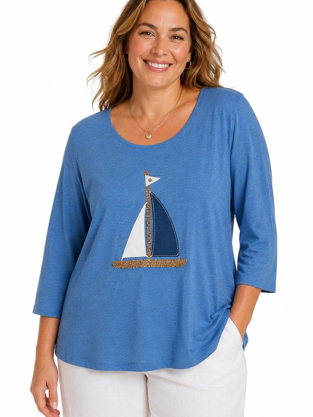 Chico's Blue Nautical Sailboat Beaded Top Size 3-XL Coastal Chic Vacation